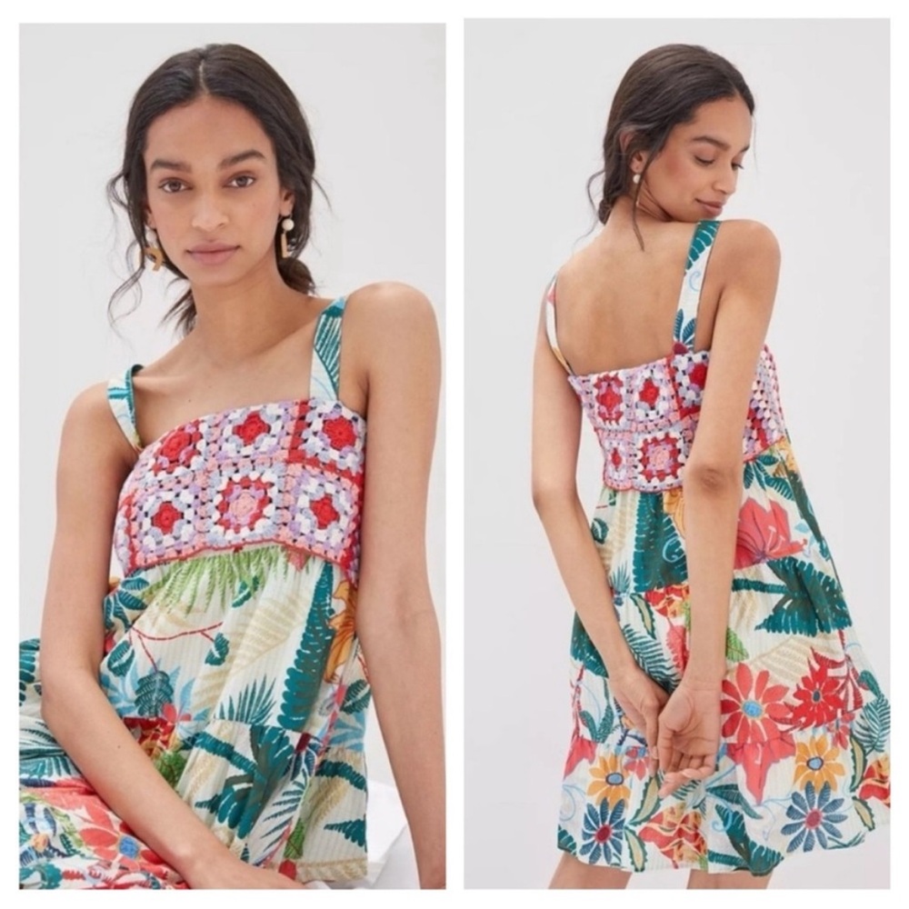 Farm Rio Tropical Floral Crochet Knit Multicolor Summer Dress